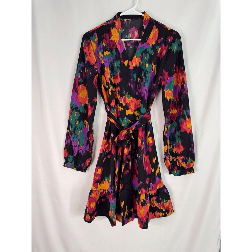 CUPSHE NWT Size Small Colorful Abstract Floral Long Sleeve Tie Waist Dress